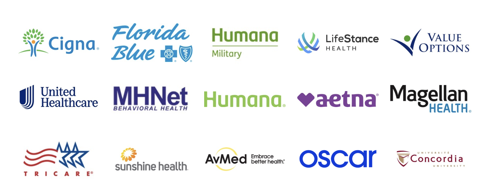 Accepted insurance providers including Cigna, Florida Blue, Humana, United Healthcare, Aetna, Magellan Health, TRICARE, Oscar, and more